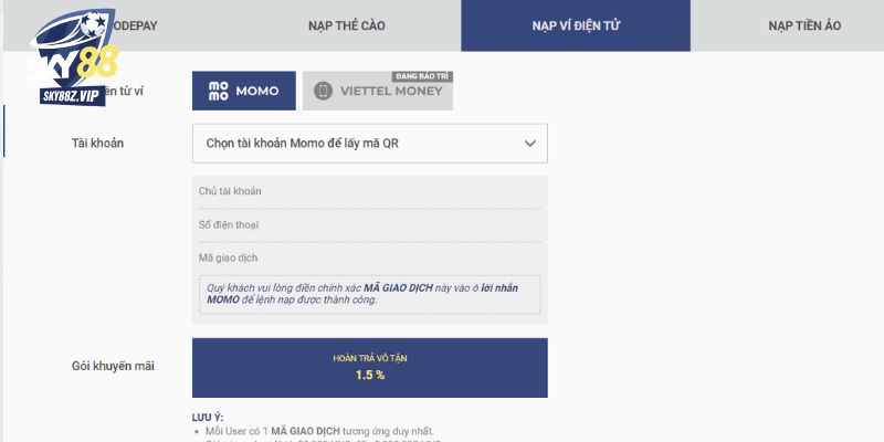 Nạp Tiền Nhanh Chóng Qua Ví Điện Tử Tại SKY88